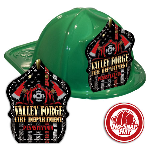 Custom Green Fire Hat w/ Red Line Flag & Axes Shield