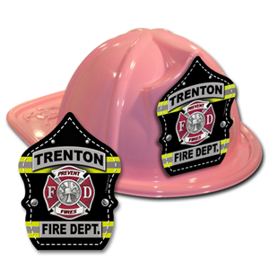 Custom Turn Out Striped Shield on Pink Fire Hat