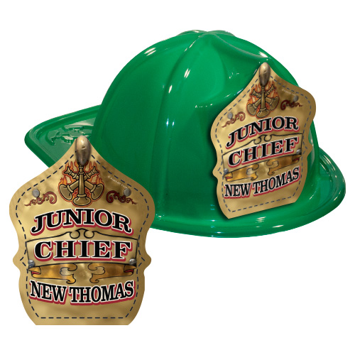 IMP. FIRE HAT - GREEN - GOLD JR. CHIEF SHIELD