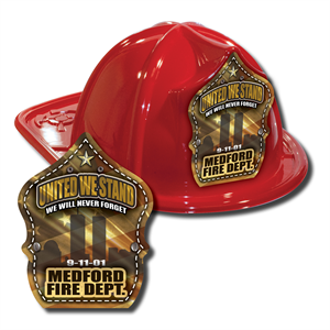 Imprinted Fire Hat - Red - 9/11 Gold Flag Shield