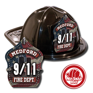 Imprinted Fire Hats - Black - 9/11 Leather Flag Shield