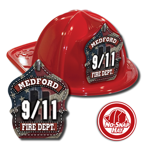 Imprinted Fire Hats - Red- 9/11 Leather Flag Shield