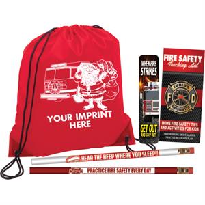 Imprinted Red Cinch Backpack Kit - Fire Truck w/ Santa